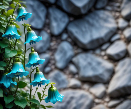 Blue bellflowers on a stone wall background with copy space.の写真素材