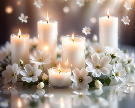 Burning candles with white flowers on a light background. Place for text.の写真素材