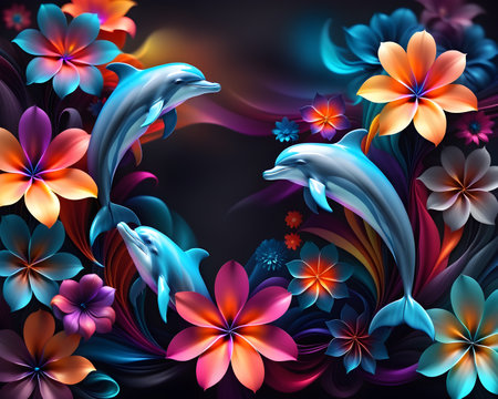 Dolphin and flowers on the black background. Vector illustration for your designの写真素材