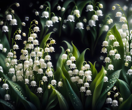 Beautiful lily of the valley flowers on a dark background.の写真素材