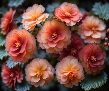 Beautiful begonia flowers in the garden. Floral background.の写真素材