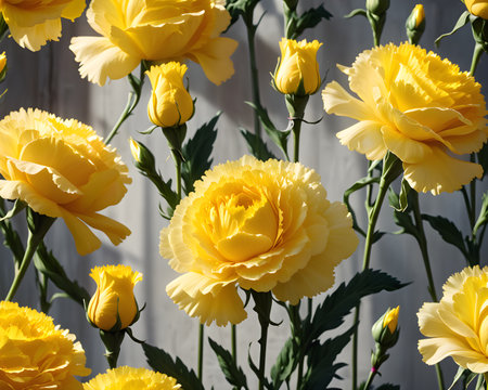 Beautiful yellow flowers on the background of a gray wooden wall.