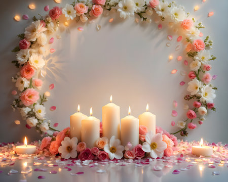 Burning candles with flowers on the background of a wreath.の写真素材