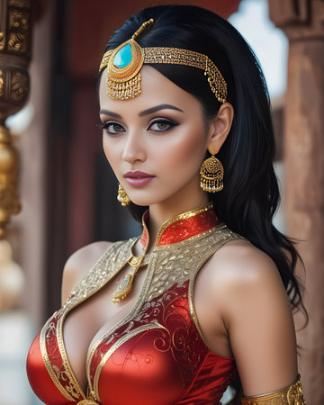 Beautiful asian woman in traditional costume with golden earrings.の写真素材