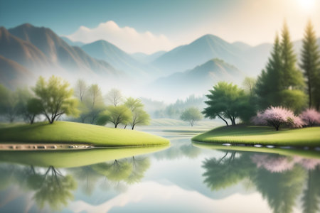 Beautiful spring landscape with lake and mountains in the background. 3d renderの写真素材