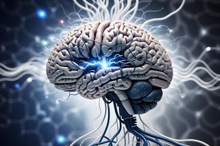 Human brain and electrical cable. 3D illustration. Science background.