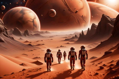 Astronaut in the desert of Mars. 3D rendering.の写真素材