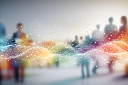 Abstract digital connection lines with people silhouettes on blurred background. 3D Rendering