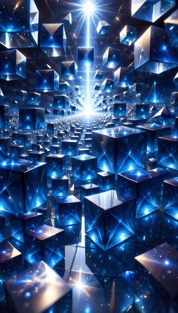 Abstract blue background with glowing cubes. 3D illustration. Glowing cubes.