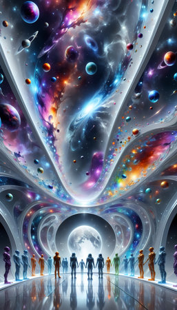Fractal 3d illustration of a space tunnel with planets and stars desktop smartphone wallpaper