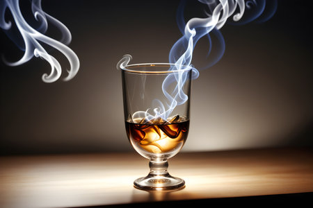 Whiskey in glass with smoke on wooden table and dark backgroundの写真素材
