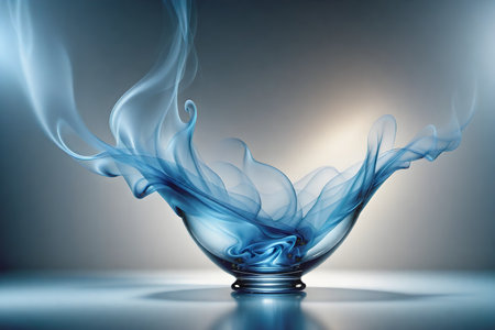 Blue smoke in a glass bowl on a dark background. 3d renderingの写真素材
