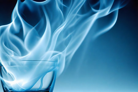 Blue smoke in a glass on a dark blue background close-upの写真素材