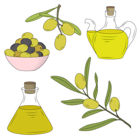 Bottle of oil and the branch of the olive tree.のイラスト素材