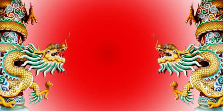 Twin Chinese style dragon statue with  abstract red background.の写真素材