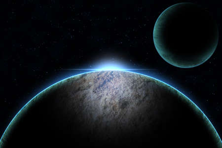 Planet  with sunrise in the space illustration. Copy space for your text 