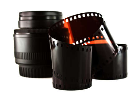 film strip and lens isolated on white background の写真素材
