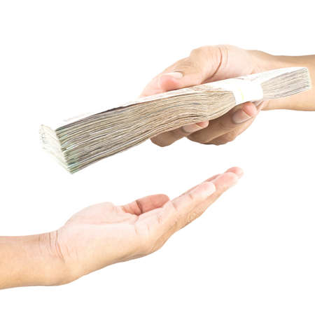 Hand handing over money to another hand isolated on white background 