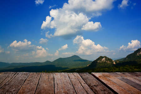 Texture of perspective Old wood floor and cloudy skyの写真素材