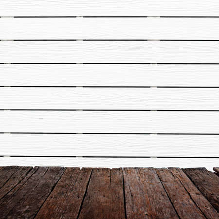 Perspective wood floor and white wood panel background