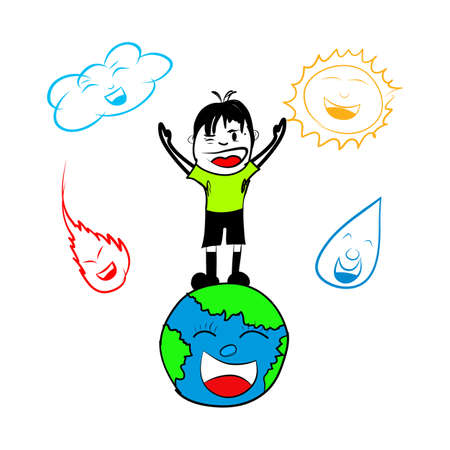 Happy child with natural elements water, wind, earth and fire Eco concept EPS10のイラスト素材