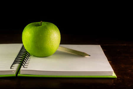 Open book with green apple and pencil