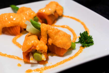 Cucumber Roll with Salmon and shrimp sauce containing egg.の写真素材