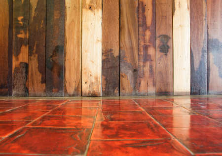 Empty space wooden wall on perspective cement floor.の写真素材
