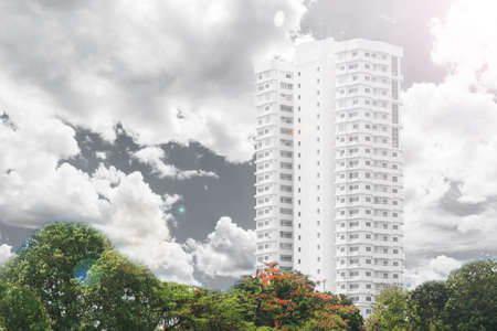 building construction against sky background with lens flareのeditorial素材