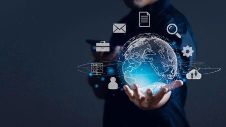 Businessman using smartphone and holding virtual Global Internet connection metaverse.