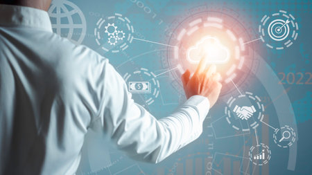Man touching cloud computing diagram on virtual screen. Cloud technology. Data storage. Networking...