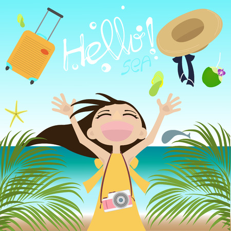 Hello Summer with Happy Girl on the Beach.のイラスト素材