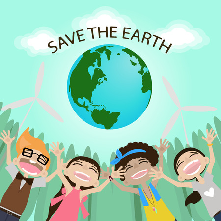 Save the Earth. Earth Day. Boy and girl hugging the Globe. Funny cartoon character.のイラスト素材