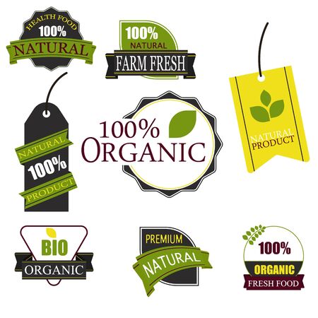 Organic food labels and elements.Natural organic product labels, emblems and badges. Set of design elements.のイラスト素材