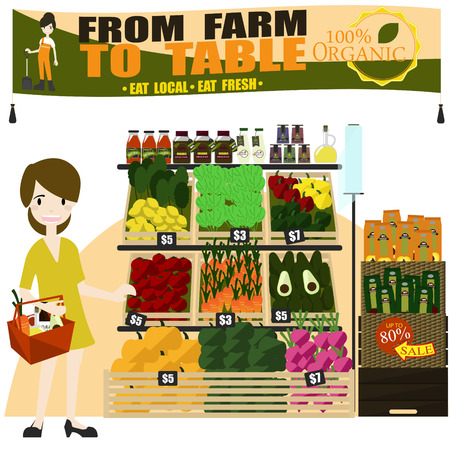 Fresh organic Vegetables and fruits on shelf in supermarket, farmers market. Healthy food concept.のイラスト素材