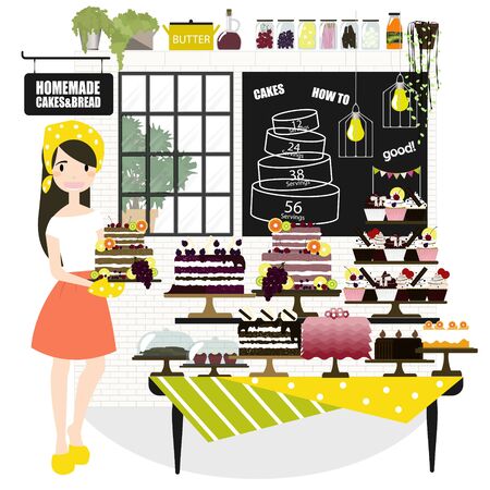 illustration of a woman selling cakes at a bakery store.Different types of cakes in pastry shop glass display.のイラスト素材
