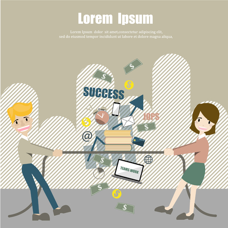 Business competition marketing war concept template. Two business people pull the rope with money for market customer share. Creative people collection.のイラスト素材