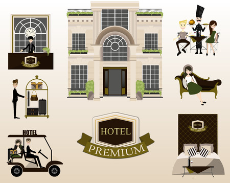 Flat vector design elements of hotel service set-reception, reservation,buggy car,hotel.vectorのイラスト素材