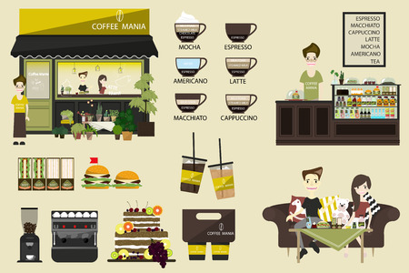Infographic coffee shop vector flat illustration with barrista, cafe and different types coffee. People spend their time in the cafeteria, drinking cappuccino, latte, espresso and eating dessertsのイラスト素材