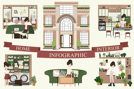 Rooms interior of house with furniture. Flat style vector illustration.のイラスト素材