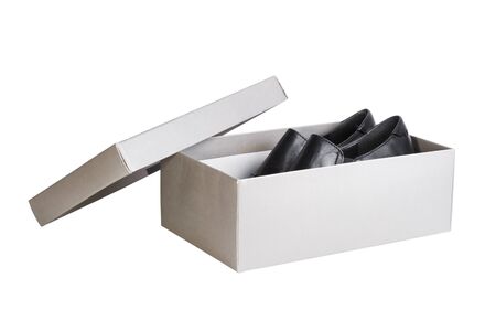 pair black shoes in gray shoebox