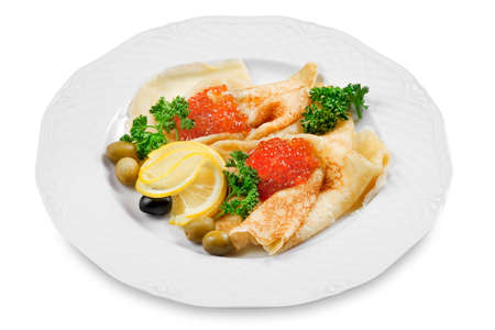 pancakes with red salmon caviar on white plate isolated, Russian traditional dishの写真素材