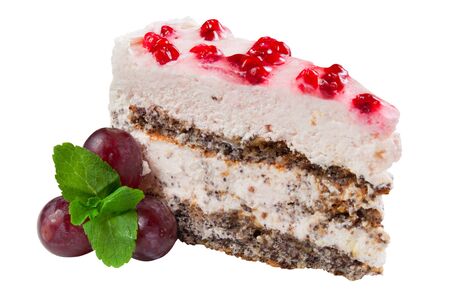 Beautiful cake air dessert with biscuits, light pink cream and red currants, isolated on whiteの写真素材