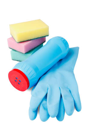set of cleaning, rubber glove, plastic bottle, spongeの写真素材