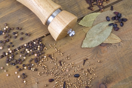 Spice and pepper mill on the wooden tableの写真素材