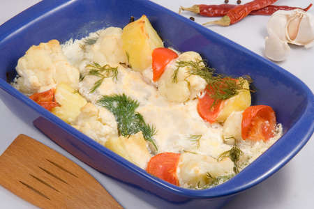 Roasted vegetables in a baking dishの写真素材