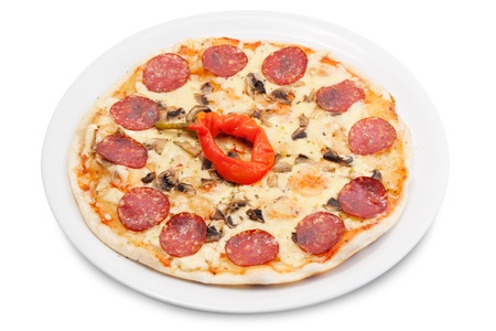 pizza with sausage, mushrooms,  cheese, chili pepper on plate, isolatedの写真素材