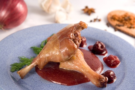 Pieces of duck with cherry dressingの写真素材