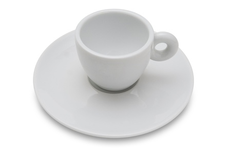 Empty white coffee cup and saucer isolated against white backgroundの写真素材