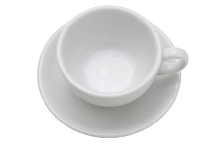 Empty white cup of coffee or tea with saucer isolated on white backgroundの写真素材